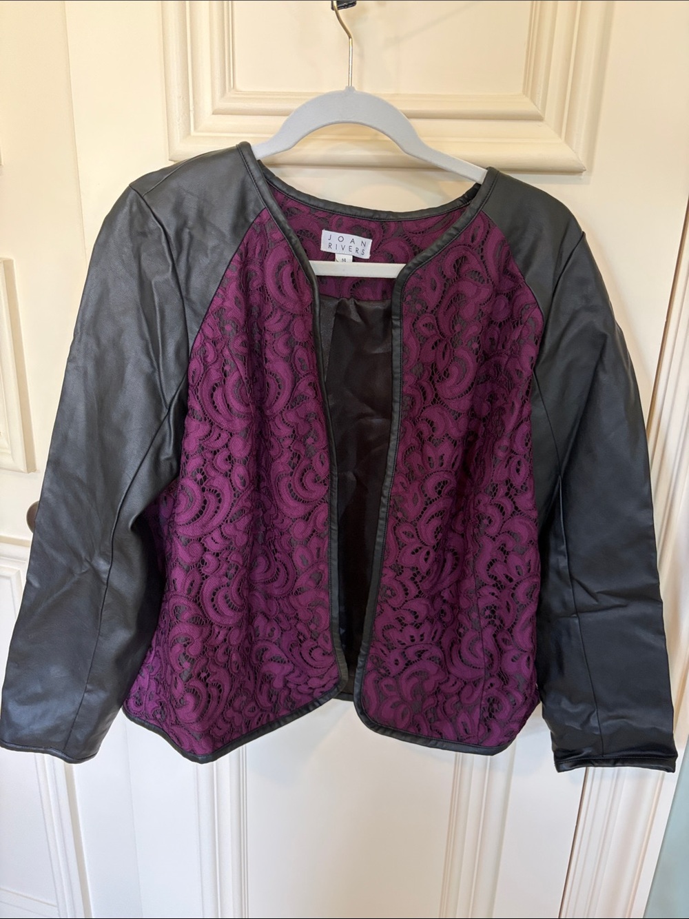 Joan Rivers Plum Lace Front Jacket with Black Faux Leather Sleeves
